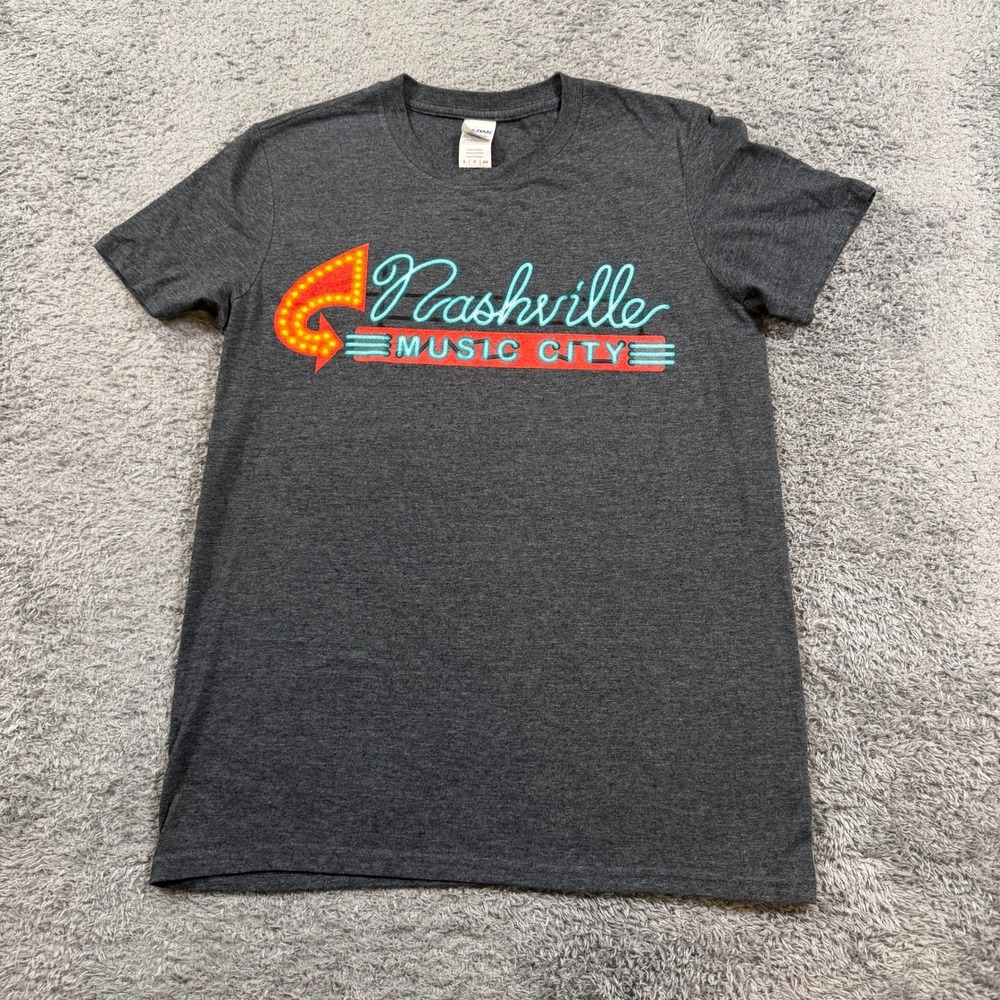 Gildan Unisex Nashville Music City Graphic T Shirt Small Gray Heather Neon Print